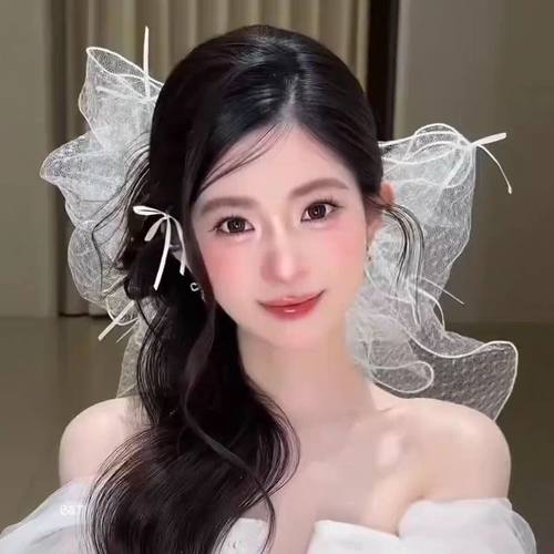 法式甜美蝴蝶结蕾丝头纱发饰超仙新娘婚纱拍照领证配饰高级感
