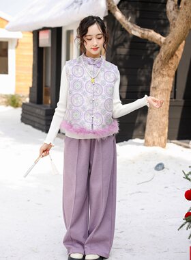女童2026新款儿童洋气女孩汉服唐装秋冬装马甲毛衣裤子三件套装