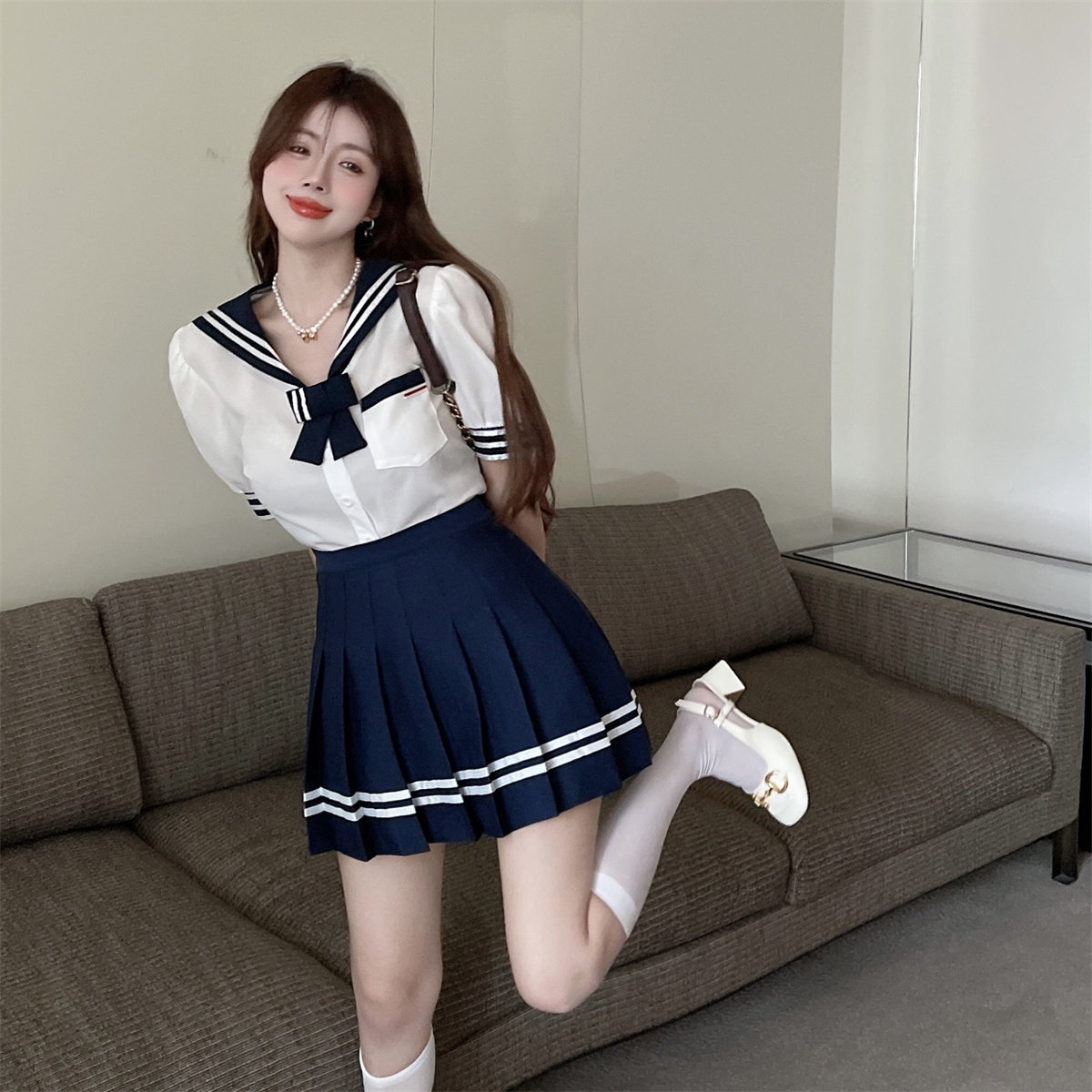 海军领衬衫百褶裙两件套装学院风jk制服网红女主播直播衣服夏日系