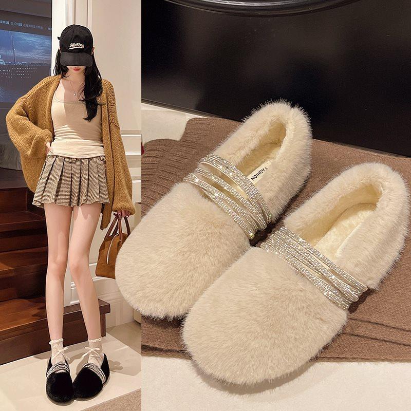 毛毛外穿棉鞋简约新款水钻冬季浅口复古风2025时尚玛丽珍鞋女一字