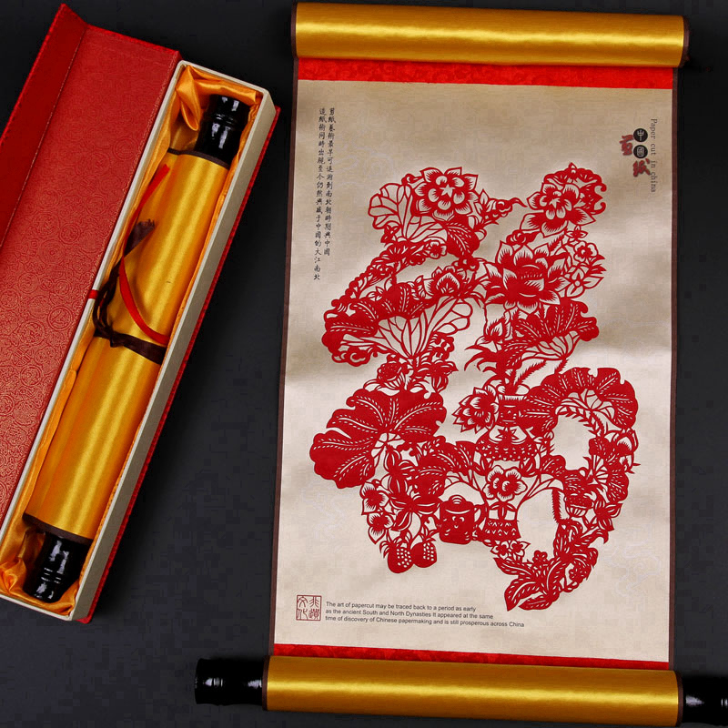 剪纸画中国风特色礼品送老外丝绸装饰卷轴挂画出国小礼物手工艺品