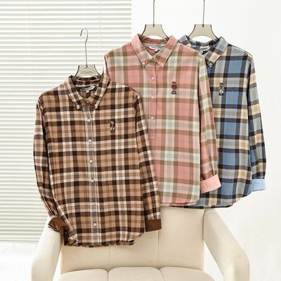 甜美女装学院风格子翻领长袖衬衣