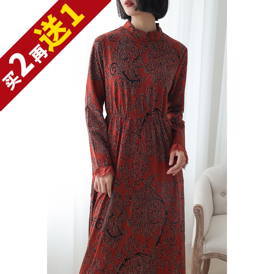 ¥1158秒!立领长袖复古繁复印花腰间绑带小设计风情裙装KAKA特