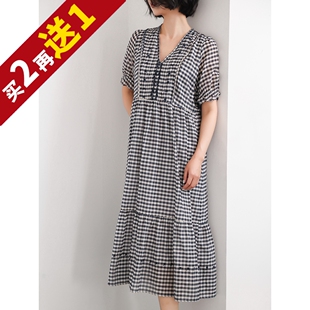 满蕴诗意~法柜真丝棉质V领泡泡袖格纹宽松娃娃裙长款连衣裙KAKA特