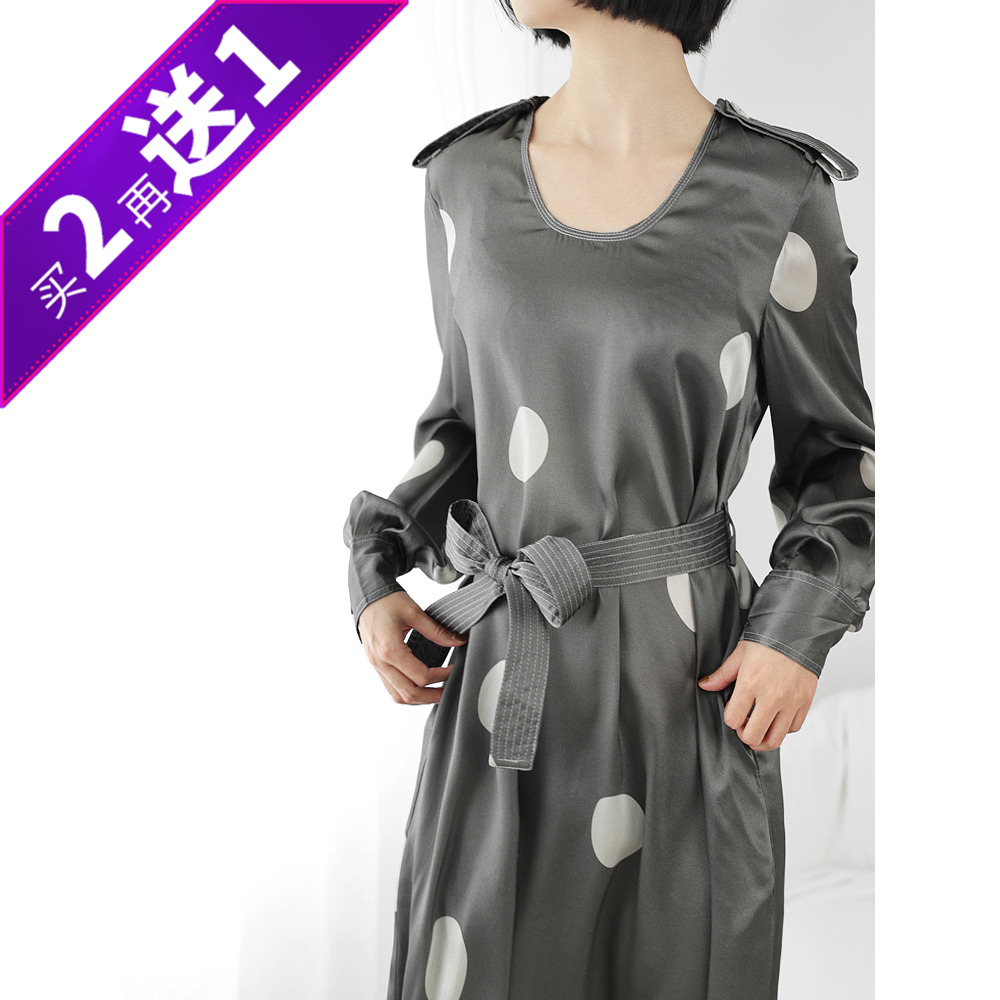 大女主气质!桑蚕丝大波点印花圆领长袖直筒宽松中长连衣裙KAKA特