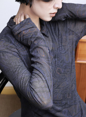 KAKA欧洲单强捻棉腰果花翻领长袖全季万搭高弹修身薄透打底皮肤衣