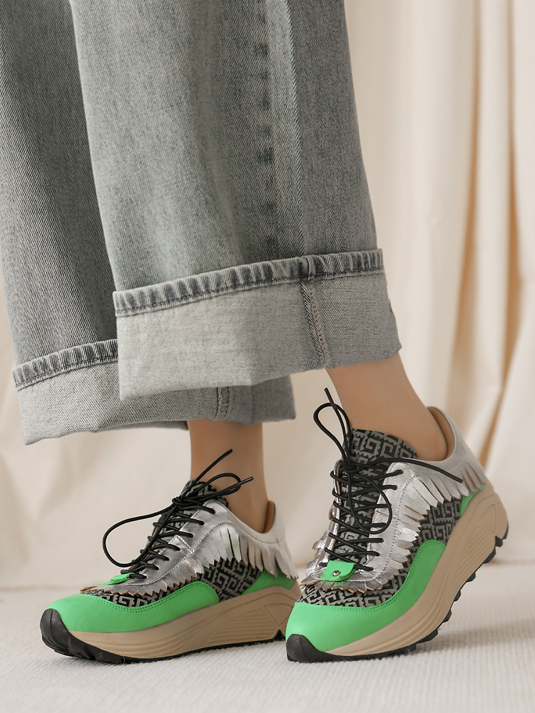 帅气爆表~伦敦柜限定果绿回纹胎牛皮拼银羊系带厚底老爹休闲鞋特