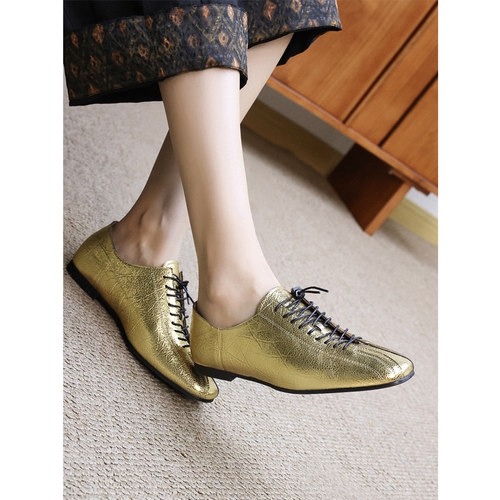 金属羊皮圆头深口老钱风德比鞋女