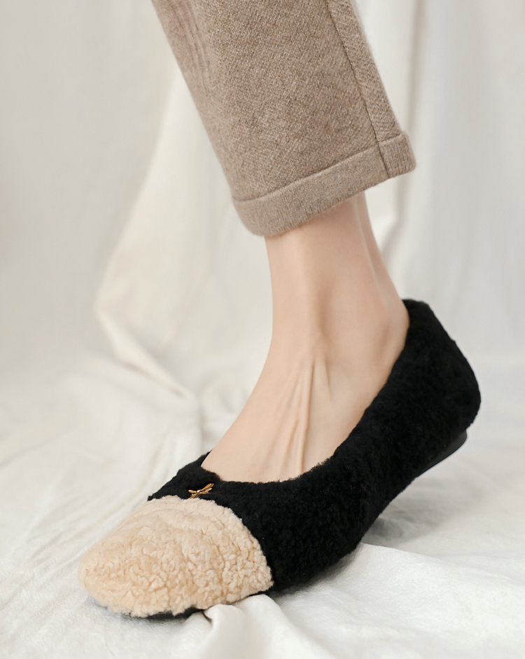 羊羔毛一体圆头浅口保暖平底鞋