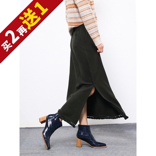 KAKA英国客单强缩羊毛保暖名媛老钱风流苏边松紧腰A字长款半身裙