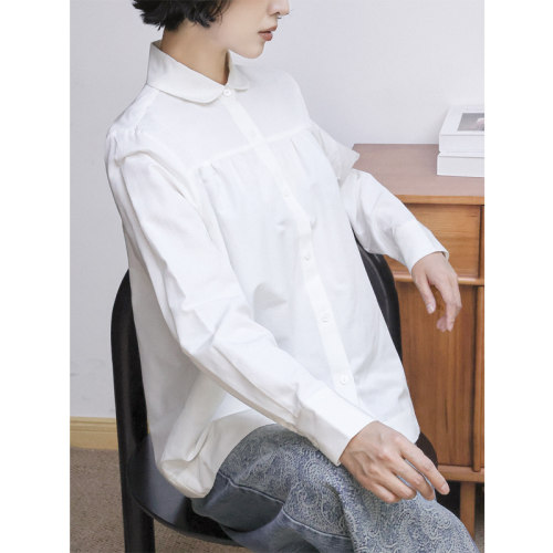 真丝棉娃娃领捏褶单排扣玖玲衬衫