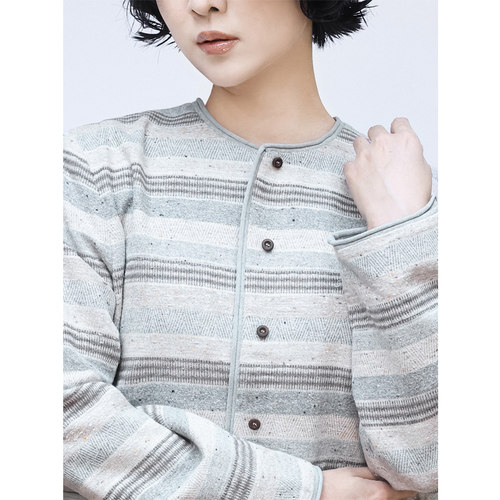 棉麻圆领单排扣复古条纹外套女
