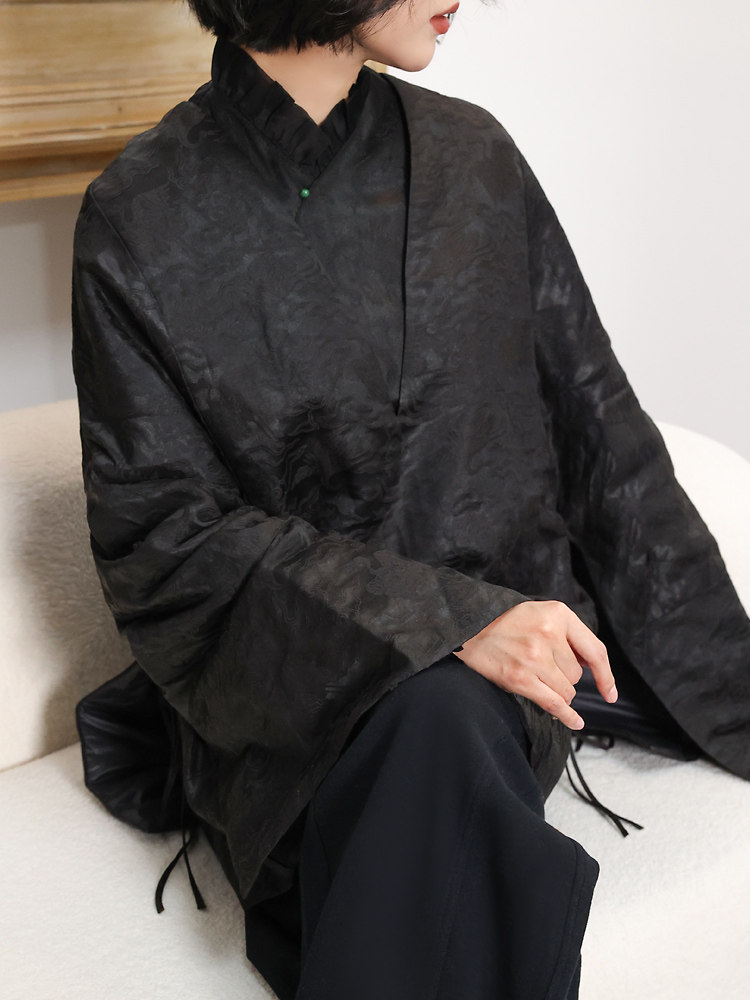 恒世臻藏~巴黎秀款高定香云纱鹤骋祥云禅意V领保暖和风长袖棉衣特