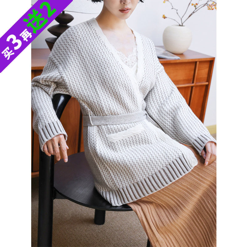 山羊绒V领腰带针织开衫毛衣女