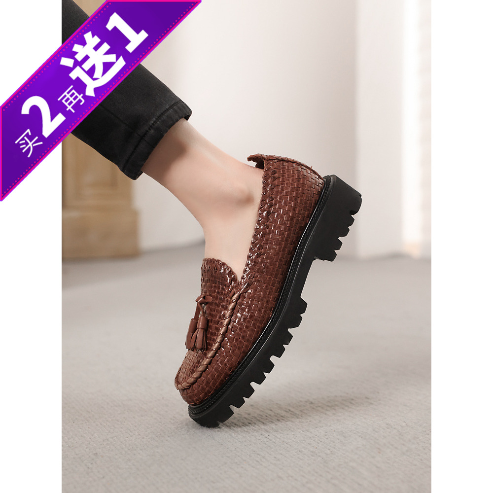 意客单编织羊皮英伦厚底乐福鞋女