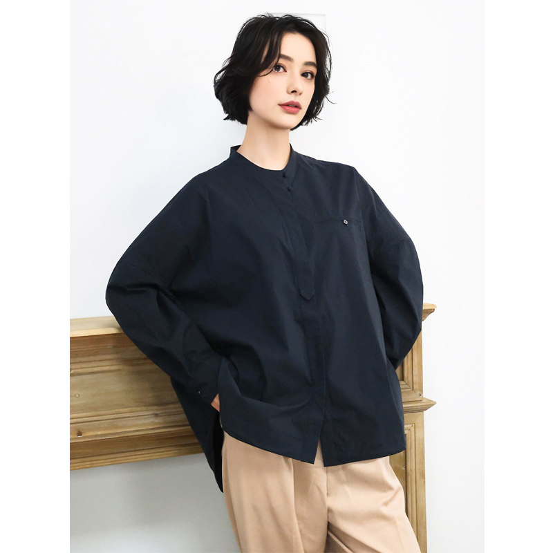 KAKA英单款棉质圆领单排暗扣长袖极简宽松OVERSIZE大廓形衬衫女特