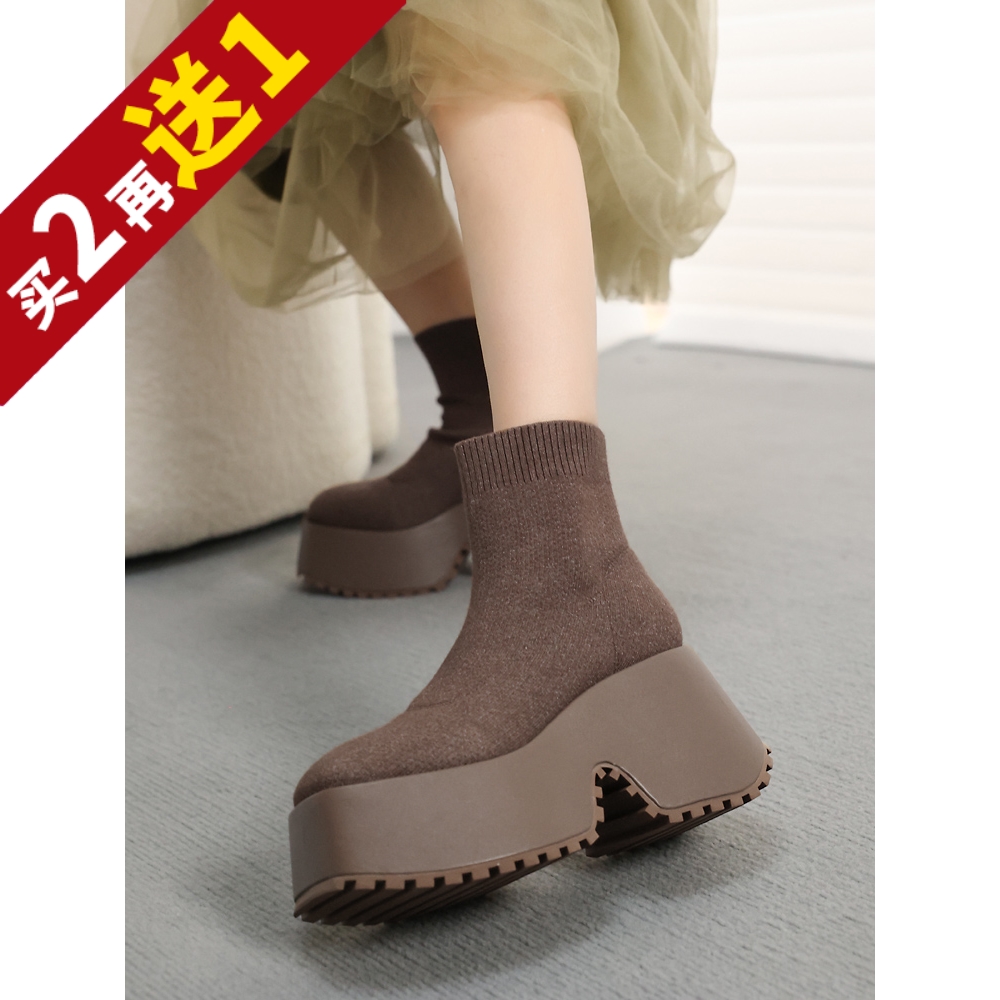 意式超模弹力飞织高水台厚底短靴