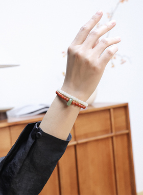 和田玉南红跑环纳福双圈手串女