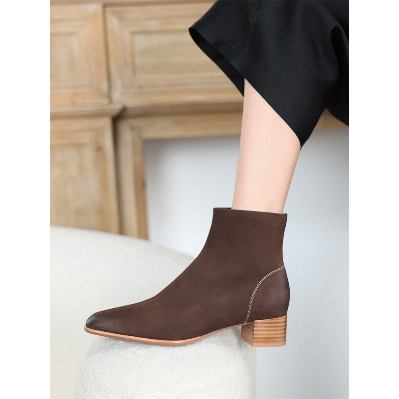 法式胎牛磨砂方头粗中跟时装裸靴