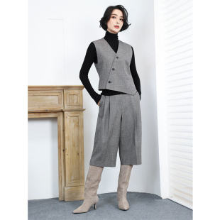 KAKA 英单高定款澳毛羊绒千鸟格通勤老钱风直筒七分毛呢西装裤女