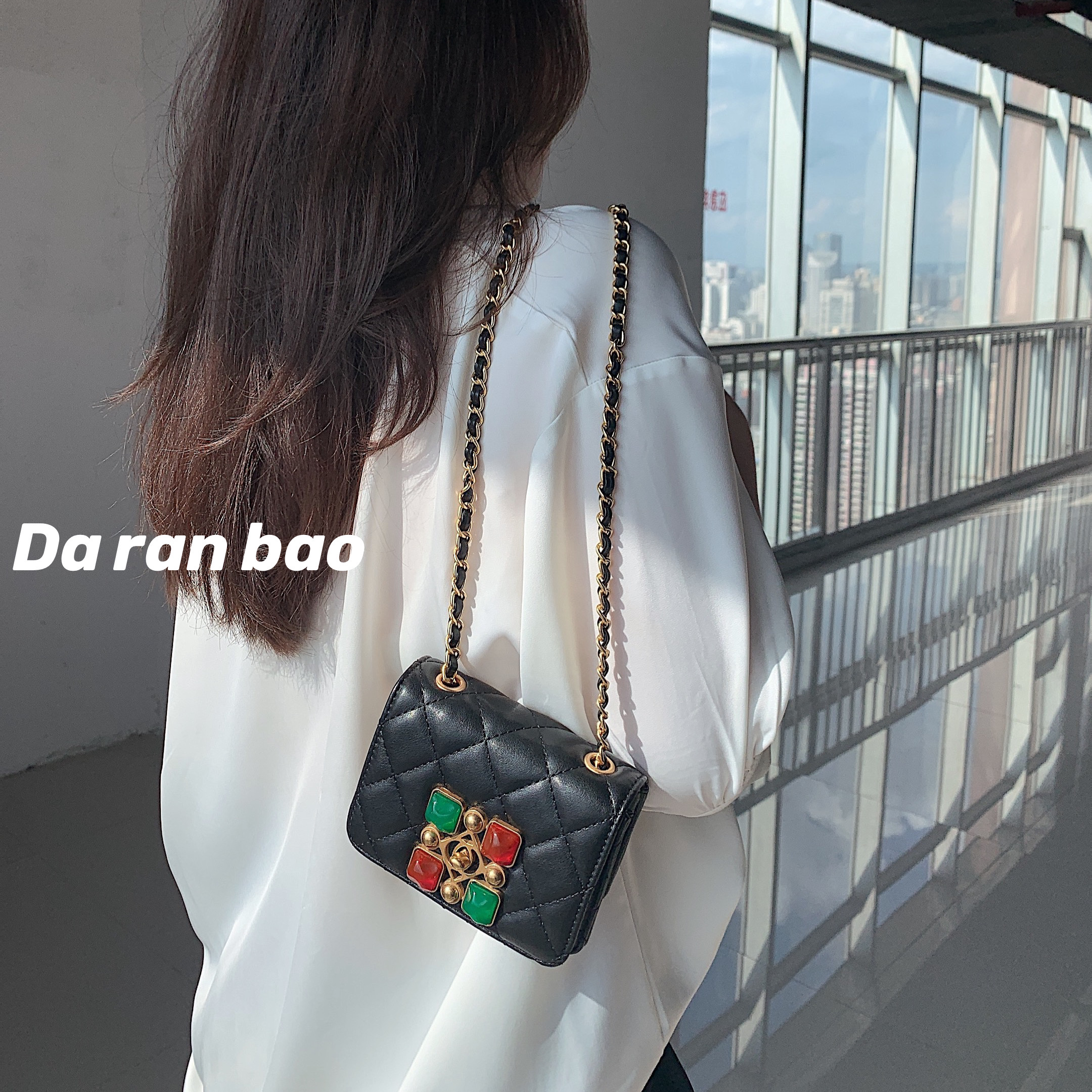 Daranbao小香风迷你链条包包2020新款潮菱格水晶钻扣小方包斜挎包