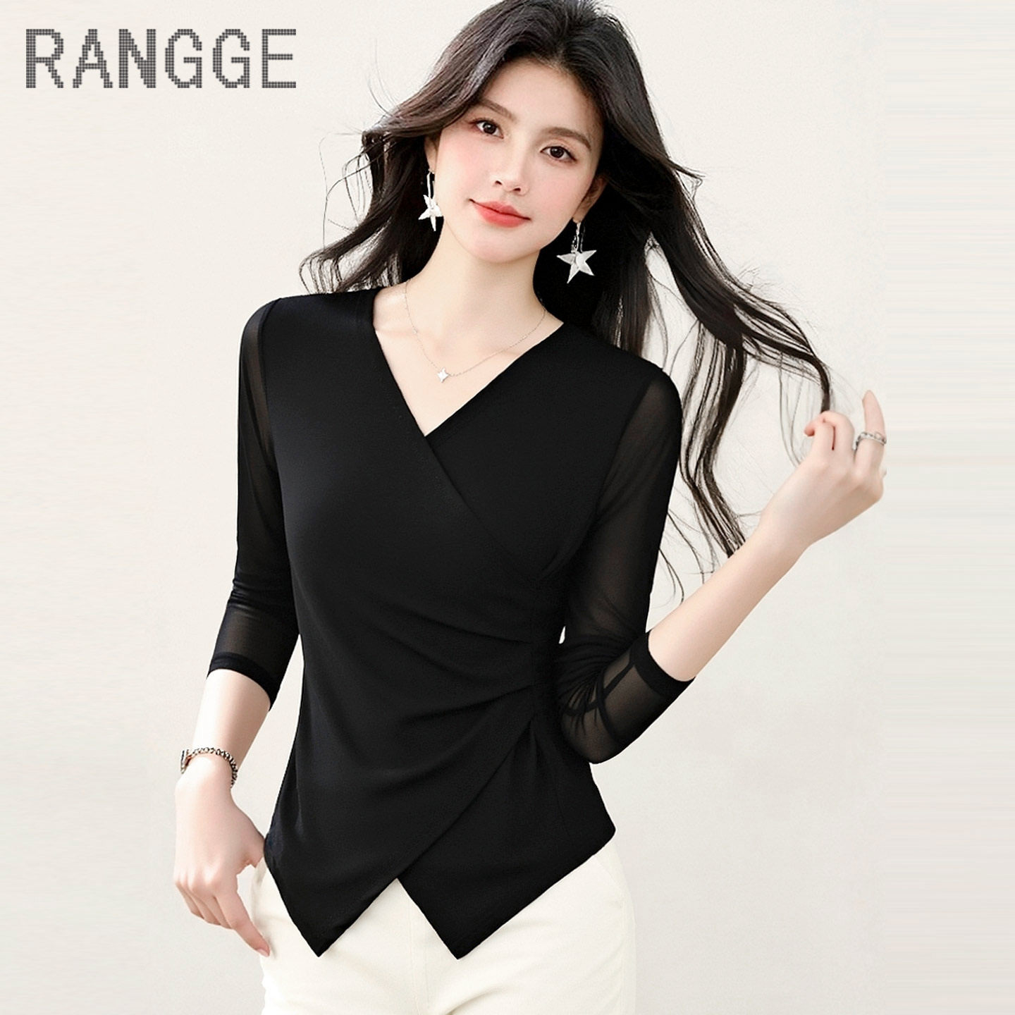 春季网纱V领长袖显瘦高弹T恤