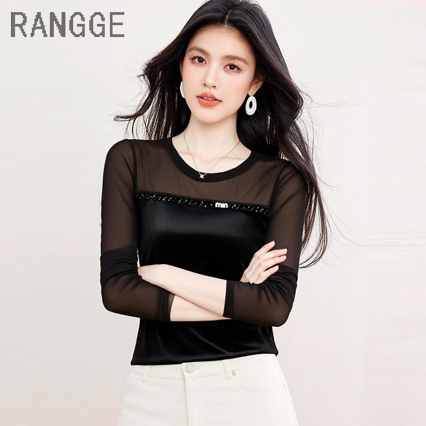 黑色圆领网纱拼接长袖T恤女洋气显瘦金丝绒打底衫薄高弹透视上衣,女装/女士精品,T恤,淘宝优惠券,粉丝福利购,淘宝优惠卷