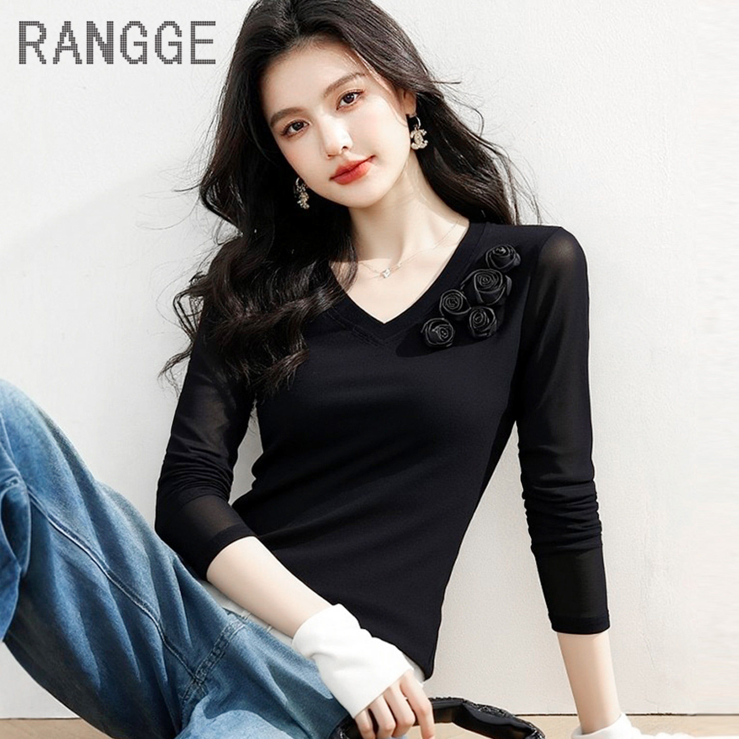 黑色简约显瘦打底衫V领长袖网纱T恤女立体花朵装饰舞蹈上衣瑜伽服