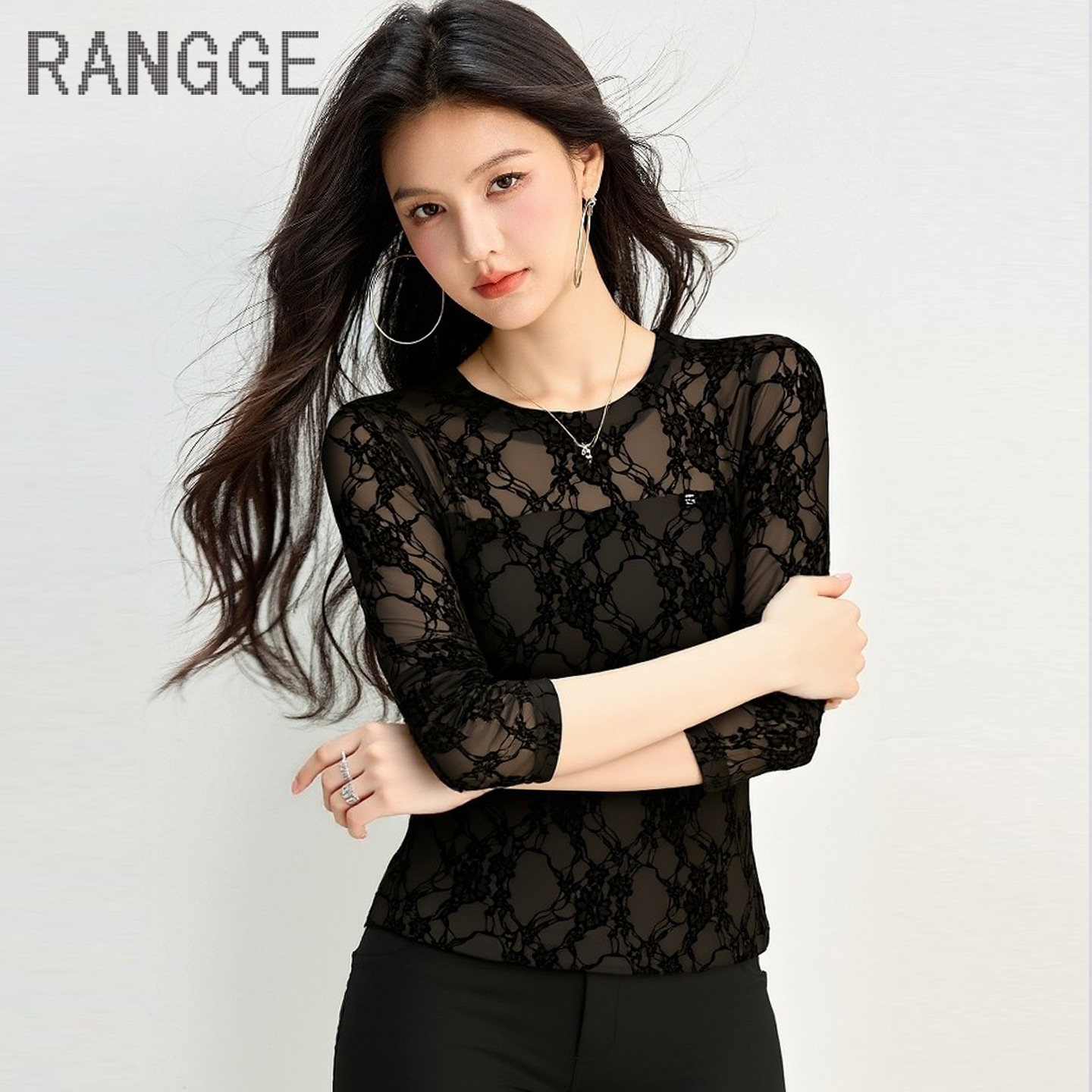 黑色蕾丝长袖T恤女修身显瘦薄款透视打底衫气质高弹力网纱上衣