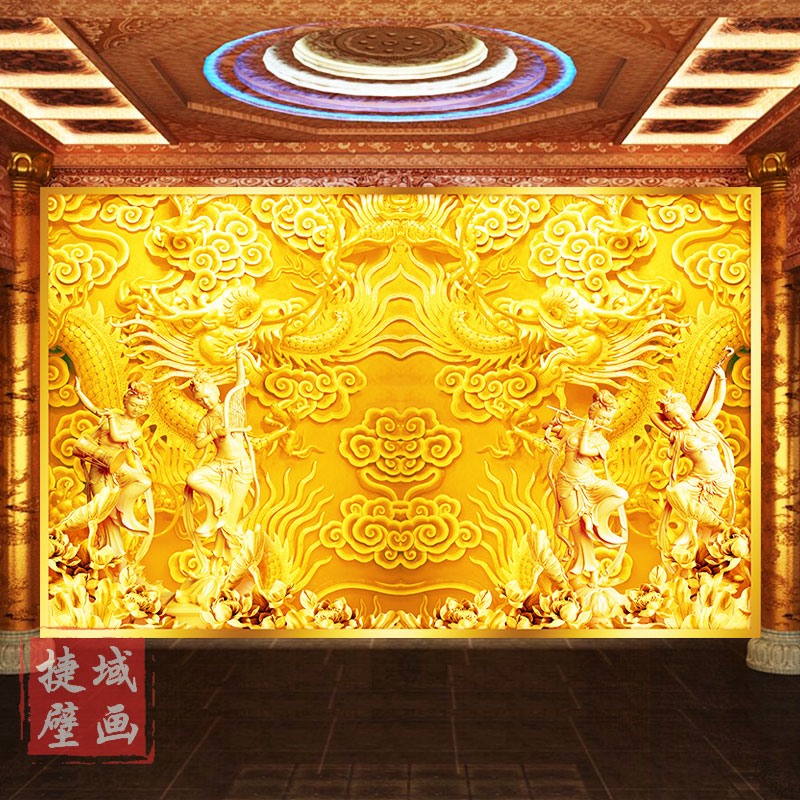 金色佛堂背景墙纸装饰荷花壁画定制佛龛佛堂供奉装修墙纸寺庙壁布图片
