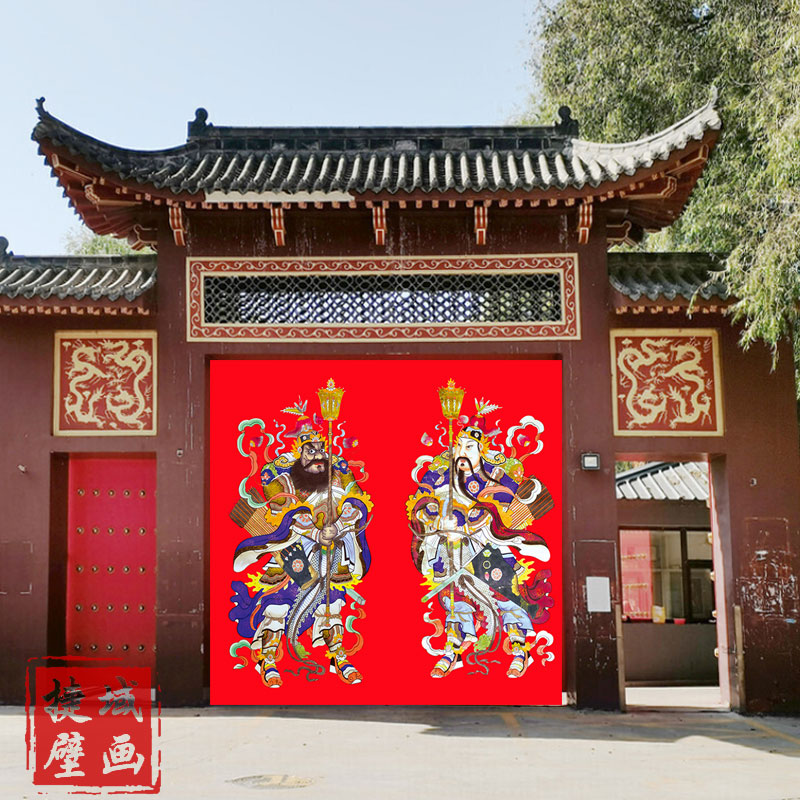 门神壁画壁纸箱财神贴春节秦琼尉迟恭寺庙佛堂祠堂大门背景墙布