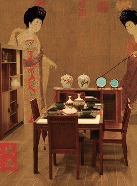 唐代簪花仕女图墙纸中式国画壁纸客厅民宿酒店背景墙布摄影壁画