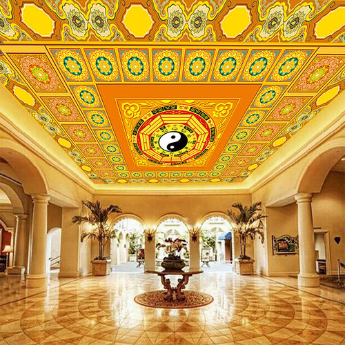 道观八卦天花板墙纸祥云堂口横梁彩绘吊顶壁纸仙家太极道家壁布