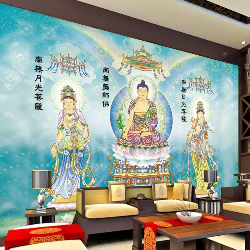 药师佛壁纸禅文化东方西方三圣佛图佛像背景墙墙纸寺庙佛堂壁画