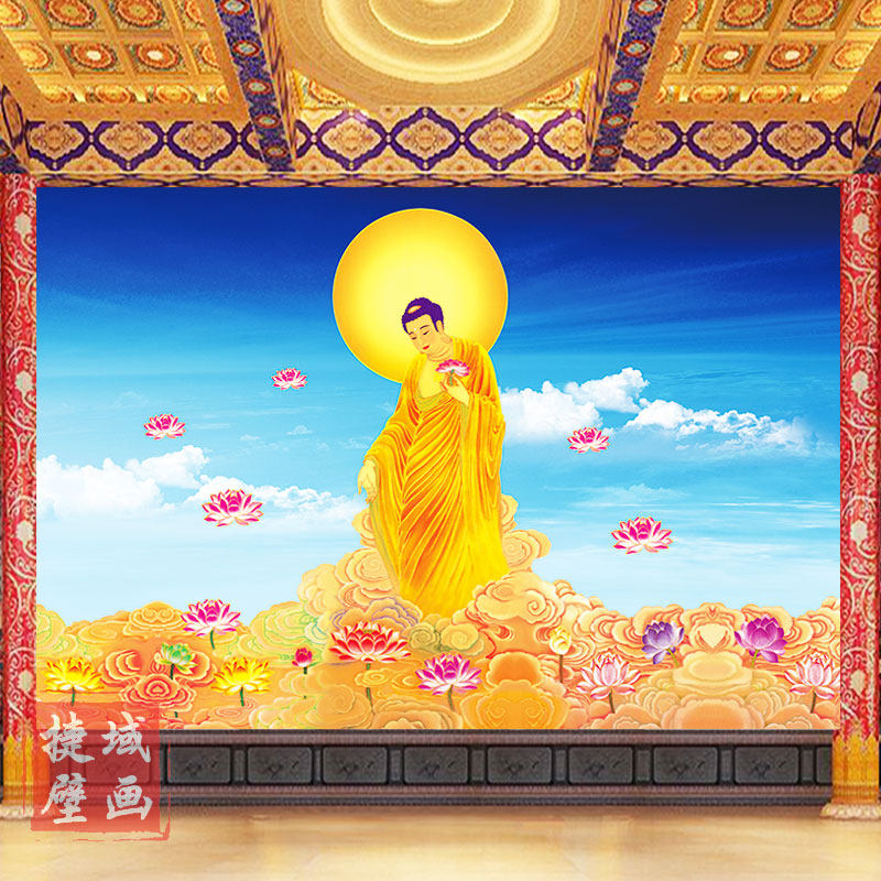 西方三圣墙纸接引图佛像壁画阿弥陀佛极乐世界佛堂寺庙背景壁纸