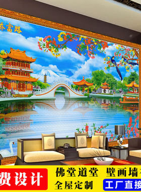 佛堂山水楼阁风景背景墙纸办公室聚宝盆壁画中堂画仙道佛堂壁纸