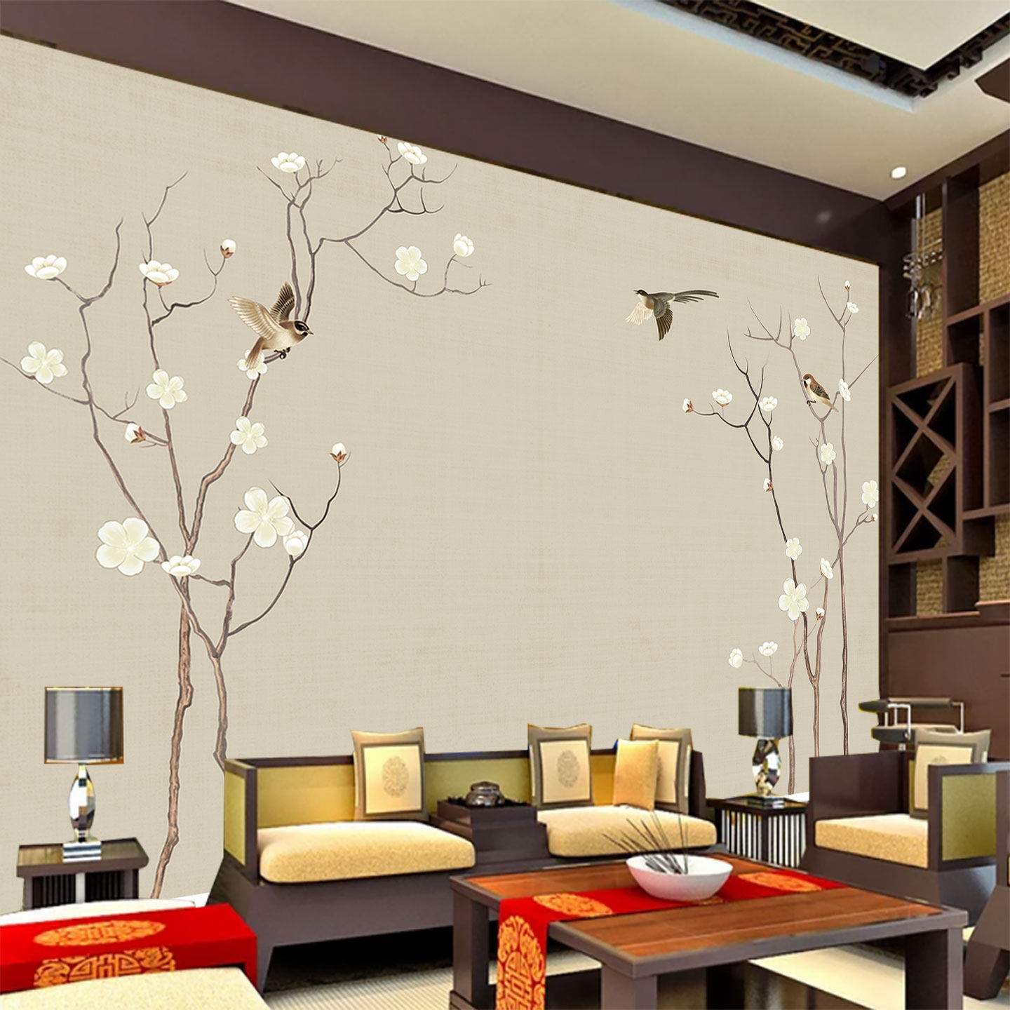 新中式电视背景墙壁纸古典工笔花鸟壁纸8D壁画客厅沙发卧室墙布3d