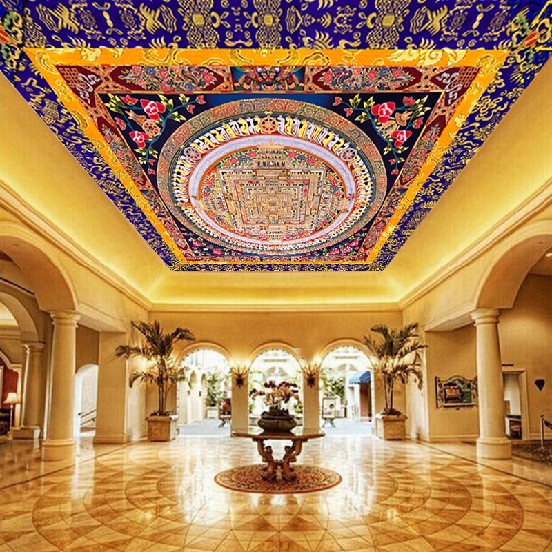 藏式天花板背景墙纸中式坛城唐卡壁画大型佛堂寺庙吊顶棚顶壁纸