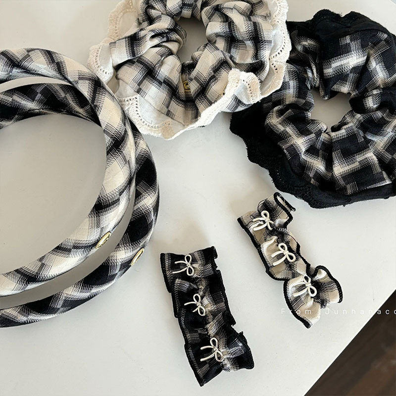 少女黑白格花边蕾丝发圈大肠圈蝴蝶结发夹发饰格纹发箍皮筋头绳女