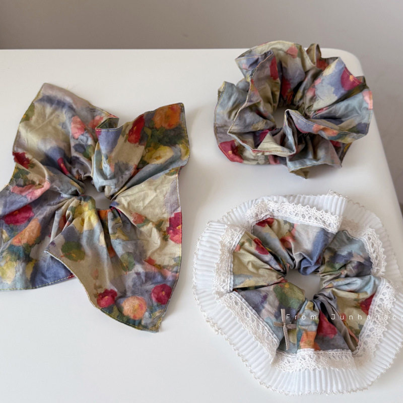 复古油画风花朵大肠圈复古发圈方巾丸子头花绑头发绳马尾发饰,饰品/流行首饰/时尚饰品新,发饰,淘宝优惠券,粉丝福利购,淘宝优惠卷