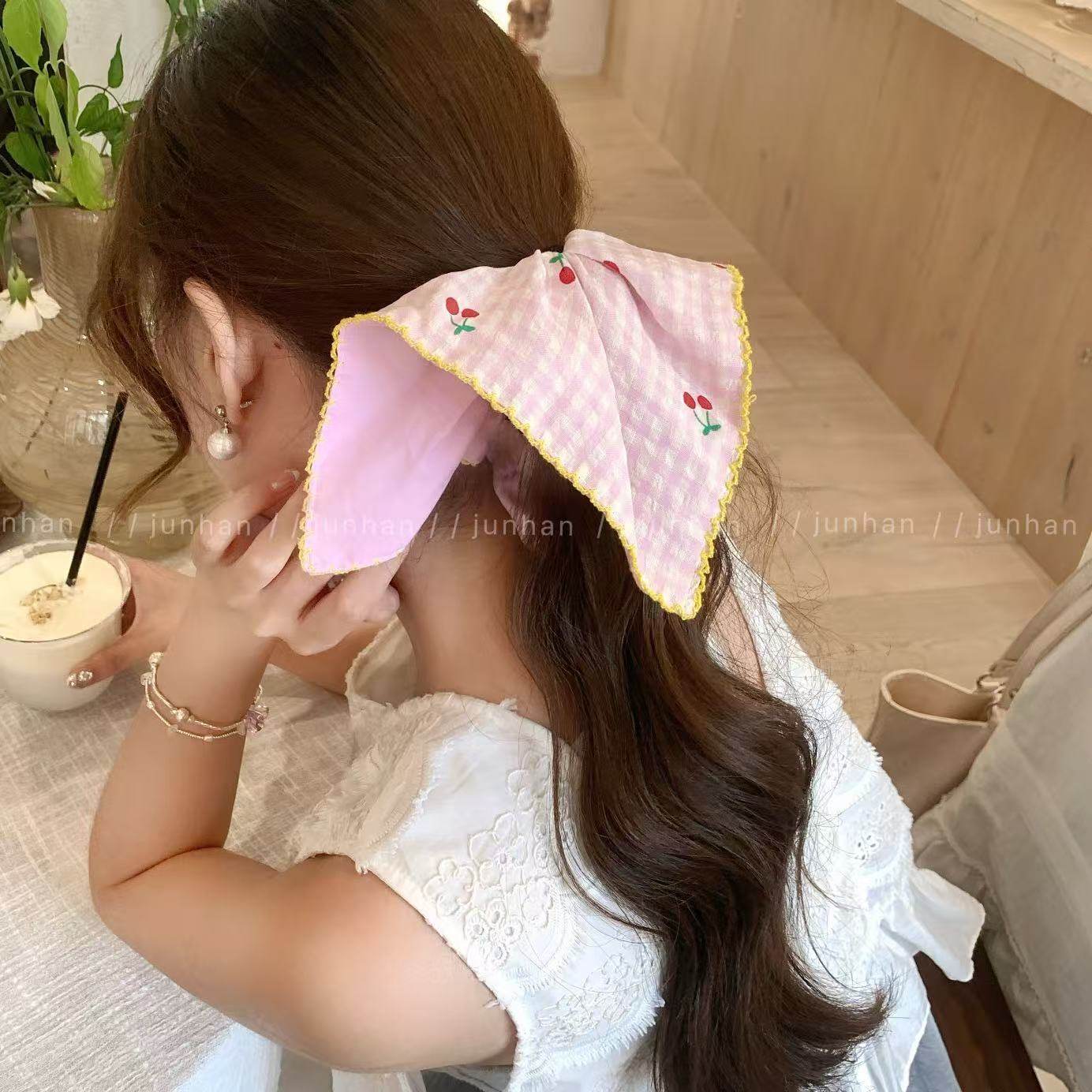 韩系少女蓝色樱桃格子花朵方巾大肠发圈女扎头发丸子头发发饰女,饰品/流行首饰/时尚饰品新,发饰,淘宝优惠券,粉丝福利购,淘宝优惠卷