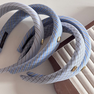 蓝色博主同款格子高颅顶金标发箍格纹宽边学院风高级感发卡别致发