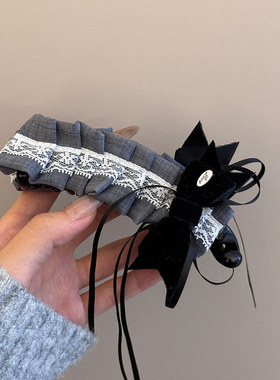 法式格蕾系灰色丝绒蝴蝶结蕾丝香蕉夹后脑勺盘发抓夹发饰温柔竖夹