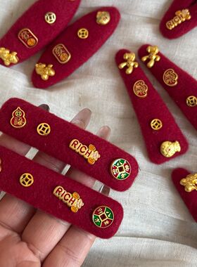 新年红色马上发财侧边发夹高级感发卡百搭福袋铜钱碎发bb夹发饰