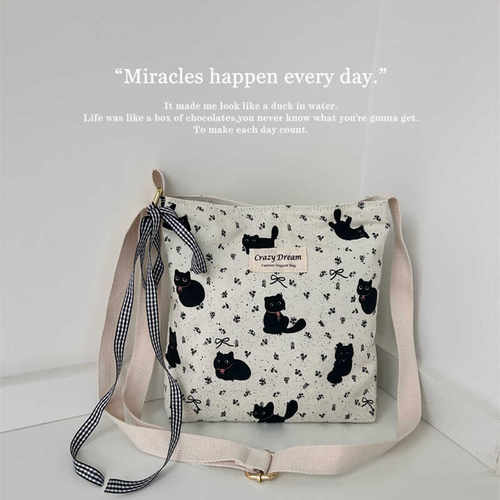 Crazy Dream原创手作小黑猫布包单肩斜挎包简约小方包女包帆布包