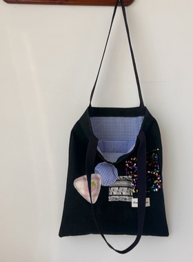 复古深蓝色牛仔包纯棉亮片贴布包托特包女包大包通勤上班学生书包