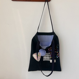 复古深蓝色牛仔包纯棉亮片贴布包托特包女包大包通勤上班学生书包