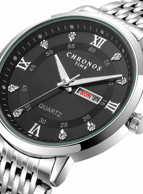 CHRONOS男士双日历石英手表 精钢表带防水石英表休闲百搭职场手表