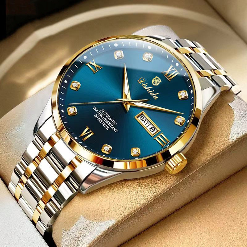 抖音快手爆款批发非全自动机械表镶钻罗马刻度双日历男士手表男表