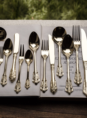 304不锈钢ins法式轻奢卢浮宫系列金色复古浮雕套装主餐勺叉甜品勺